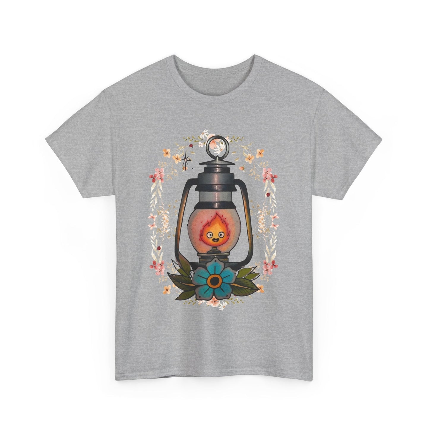 Calcifer Lamp Flowers T-Shirt – 100% Cotton Howl’s Moving Castle Inspired Tee for Anime Fans