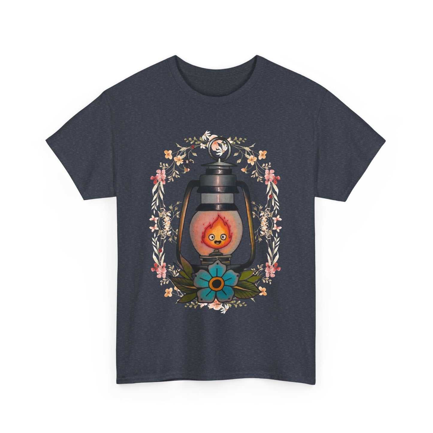 Calcifer Lamp Flowers T-Shirt – 100% Cotton Howl’s Moving Castle Inspired Tee for Anime Fans