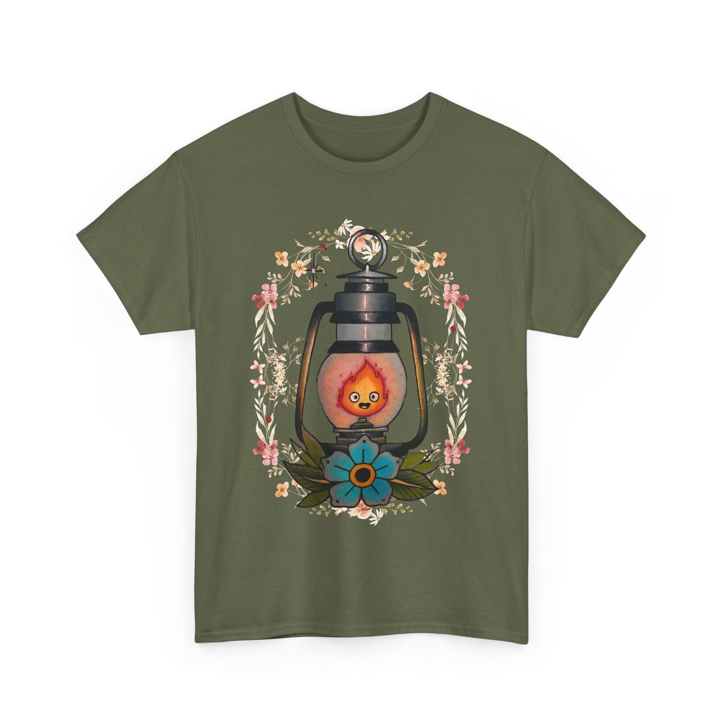 Calcifer Lamp Flowers T-Shirt – 100% Cotton Howl’s Moving Castle Inspired Tee for Anime Fans