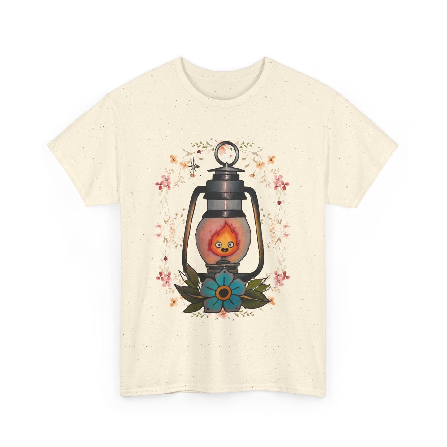 Calcifer Lamp Flowers T-Shirt – 100% Cotton Howl’s Moving Castle Inspired Tee for Anime Fans