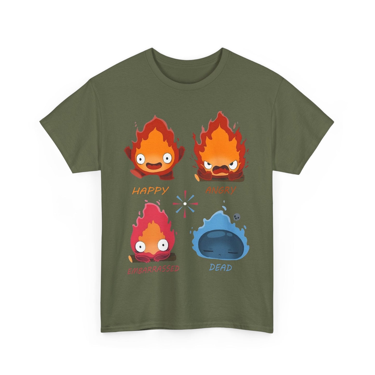 Calcifer Funny Faces T-Shirt – 100% Cotton Howl’s Moving Castle Tee for Studio Ghibli Fans