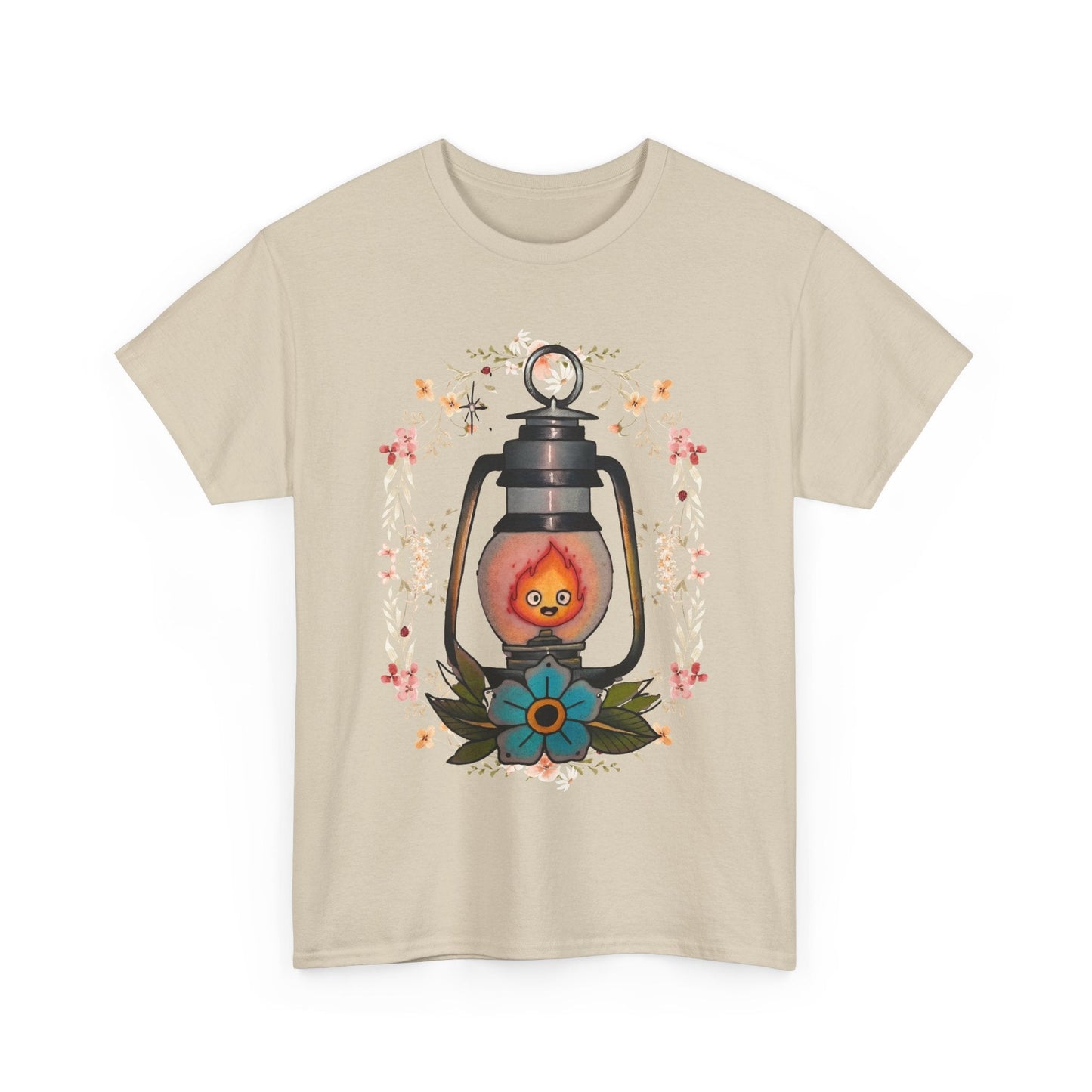 Calcifer Lamp Flowers T-Shirt – 100% Cotton Howl’s Moving Castle Inspired Tee for Anime Fans