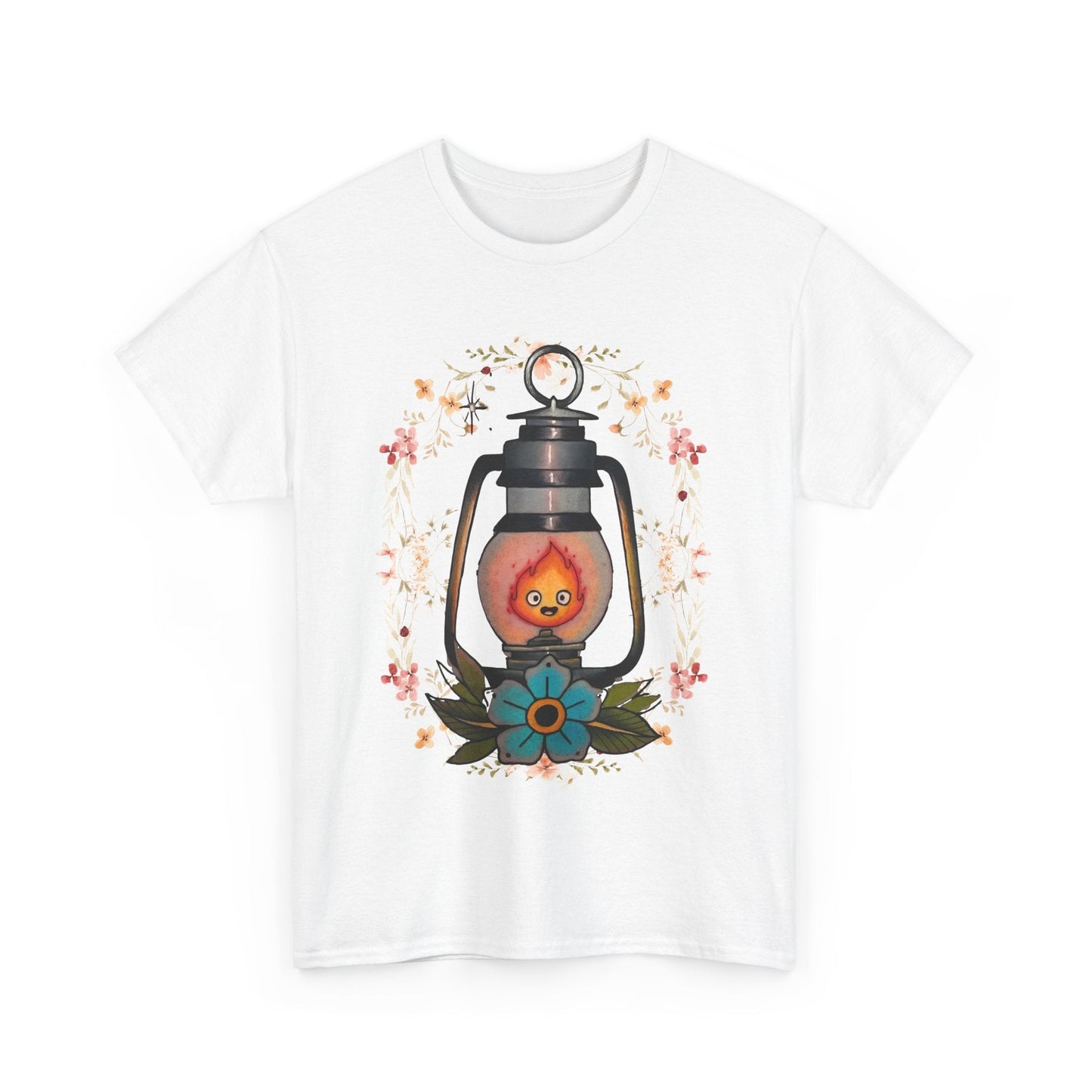 Calcifer Lamp Flowers T-Shirt – 100% Cotton Howl’s Moving Castle Inspired Tee for Anime Fans