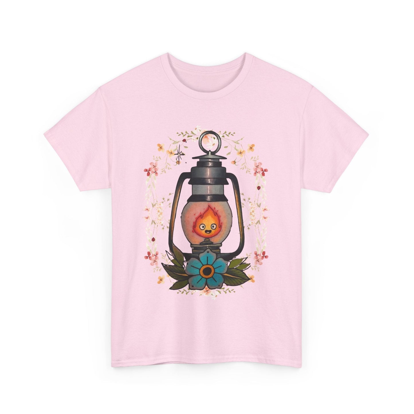 Calcifer Lamp Flowers T-Shirt – 100% Cotton Howl’s Moving Castle Inspired Tee for Anime Fans