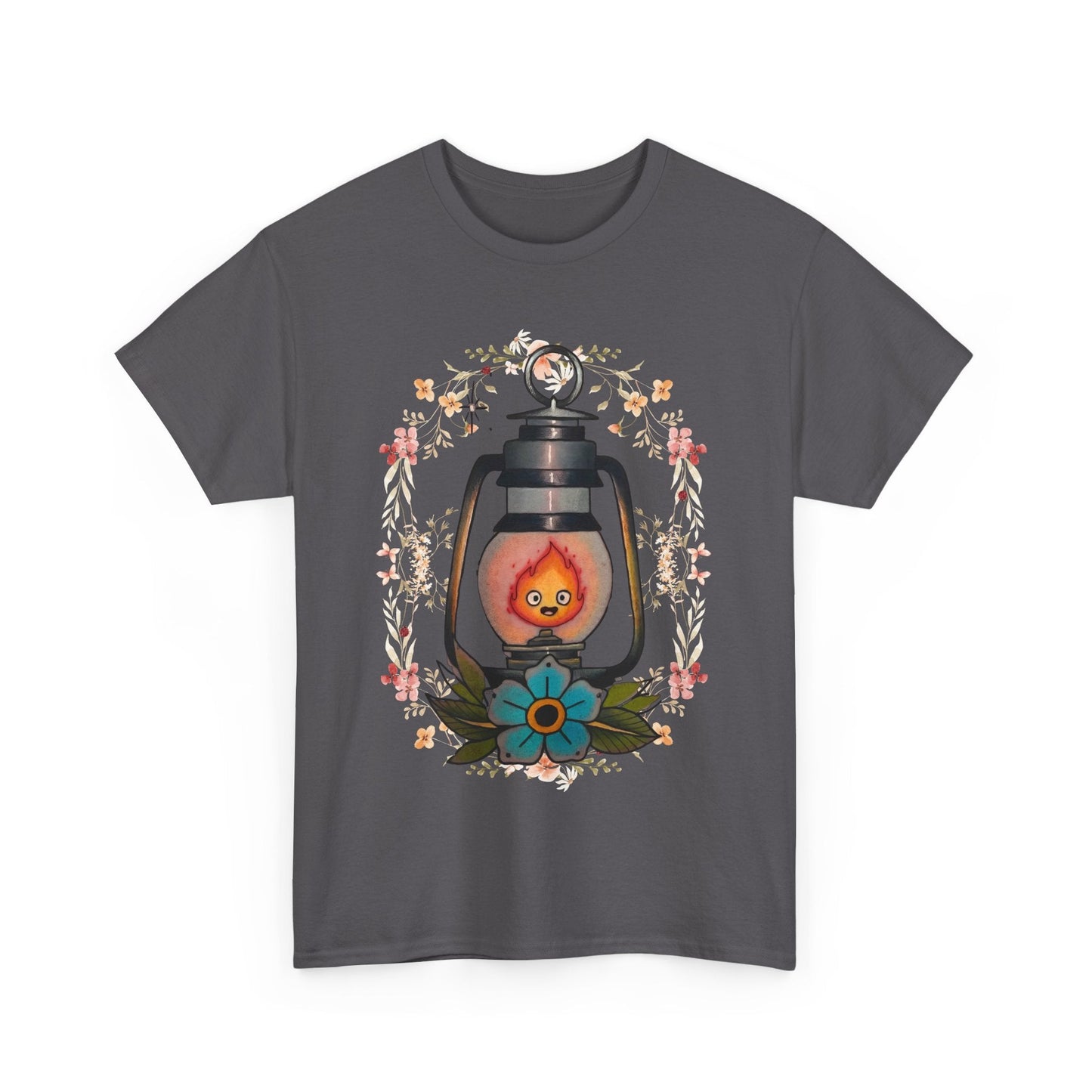 Calcifer Lamp Flowers T-Shirt – 100% Cotton Howl’s Moving Castle Inspired Tee for Anime Fans