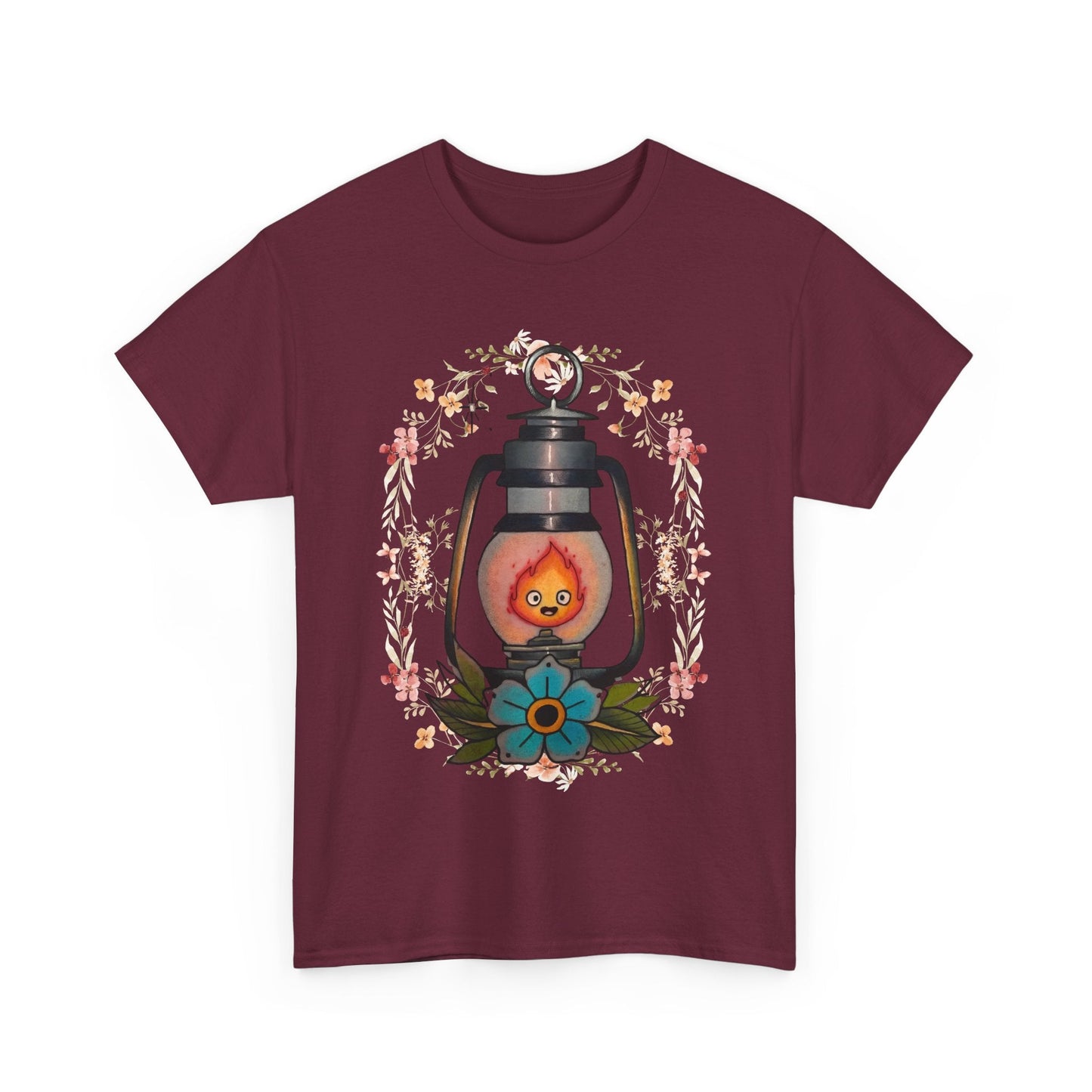 Calcifer Lamp Flowers T-Shirt – 100% Cotton Howl’s Moving Castle Inspired Tee for Anime Fans