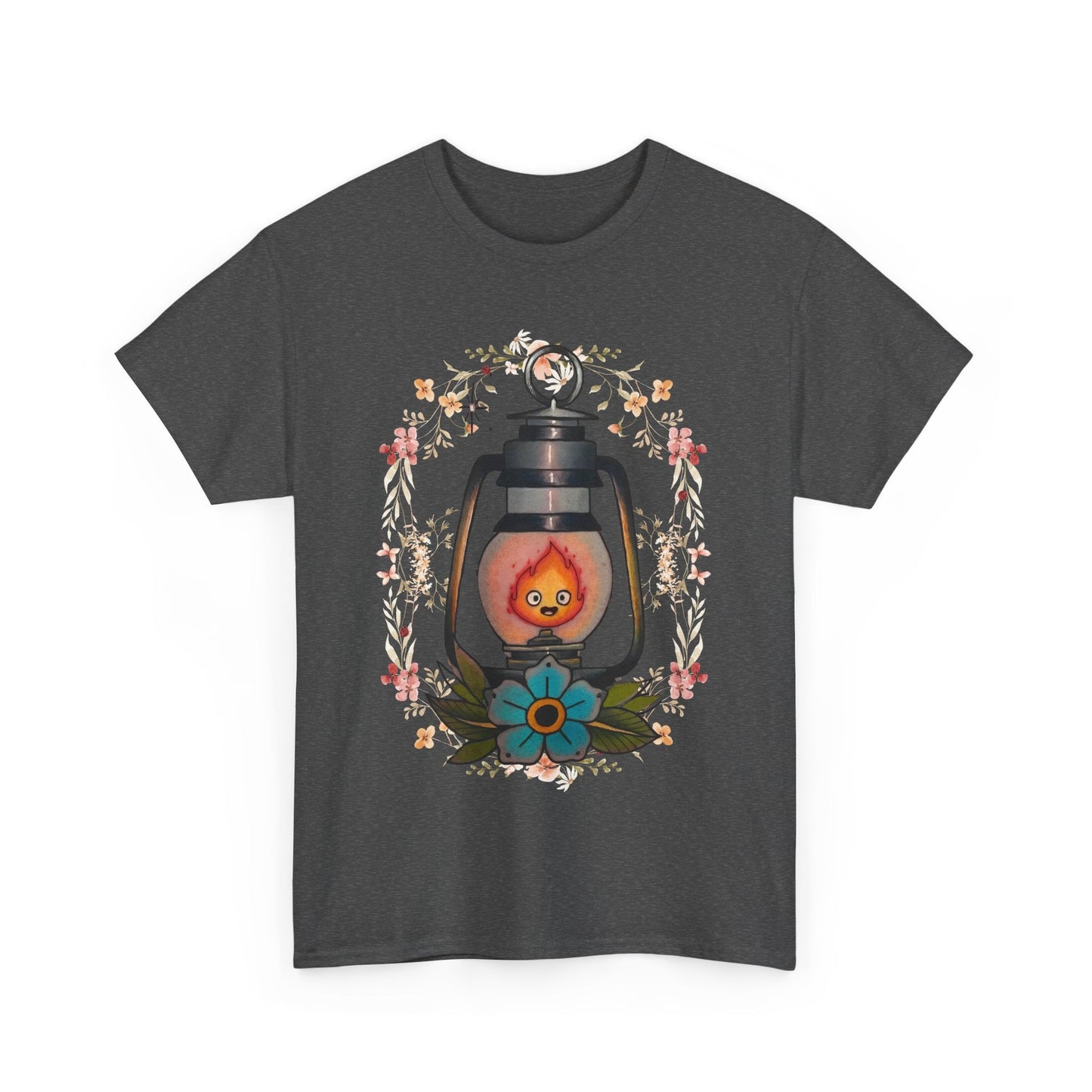 Calcifer Lamp Flowers T-Shirt – 100% Cotton Howl’s Moving Castle Inspired Tee for Anime Fans