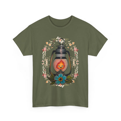 Calcifer Lamp Flowers T-Shirt – 100% Cotton Howl’s Moving Castle Inspired Tee for Anime Fans