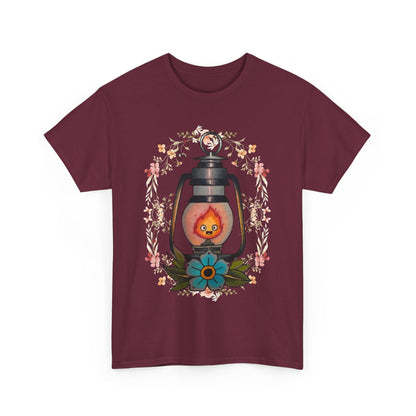 Calcifer Lamp Flowers T-Shirt – 100% Cotton Howl’s Moving Castle Inspired Tee for Anime Fans