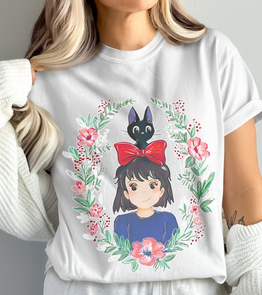 Kiki’s Delivery Service Flowers T-Shirt – 100% Cotton Studio Ghibli Inspired Tee for Anime Fans