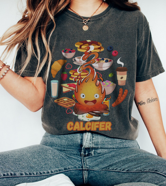 Calcifer Breakfast Demon T-Shirt – 100% Cotton Anime Tee for Studio Ghibli Fans