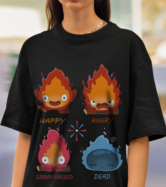 Calcifer Funny Faces T-Shirt – 100% Cotton Howl’s Moving Castle Tee for Studio Ghibli Fans