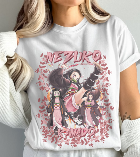 Nezuko Kamado Pink Flowers T-Shirt – 100% Cotton Demon Slayer Anime Tee